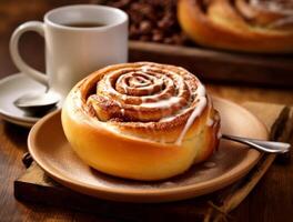 AI generated Freshly baked cinnamon rolls on rustic kitchen photo