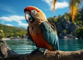 AI generated Parrot on the beach with palm trees and blue sky background. photo