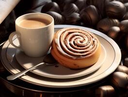 AI generated Freshly baked cinnamon rolls on rustic kitchen photo