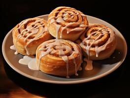 AI generated Freshly baked cinnamon rolls on rustic kitchen photo