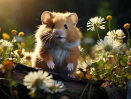 Hamster sits on a branch in the grass in a meadow photo