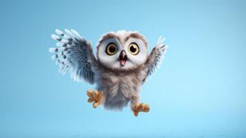 AI generated Flying cute little owl character on blue sky background. photo