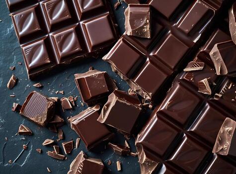 AI generated Pieces of dark chocolate on table closeup Food background photo