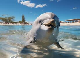 AI generated Dolphin swims in the sea with splashes of water. photo