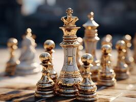 AI generated Chess on a chessboard, business concept of success and leadership photo