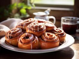 AI generated Freshly baked cinnamon rolls on rustic kitchen photo
