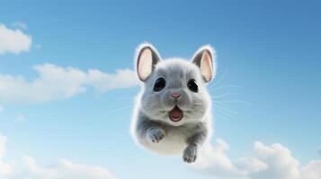 AI generated Flying cute little chinchilla character on blue sky background. photo