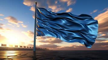 ai generado 3d representación de un azul bandera ondulación en el viento en contra un nublado cielo foto