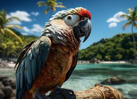 AI generated Parrot on the beach with palm trees and blue sky background. photo