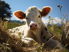 AI generated Cute little calf in the meadow on a sunny day. photo