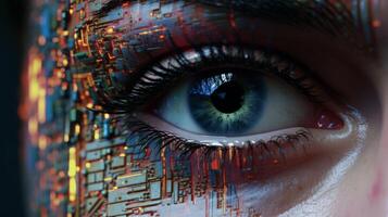 AI generated Artificial intelligence concept. Close up of human eye with circuit board. photo