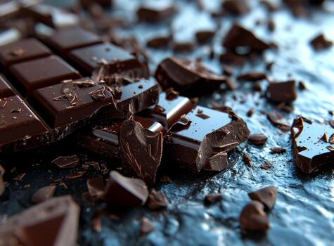 AI generated Pieces of dark chocolate on table closeup Food background photo