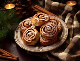 AI generated Freshly baked cinnamon rolls on rustic kitchen photo