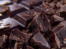 ai generado piezas de oscuro chocolate en mesa de cerca comida antecedentes foto