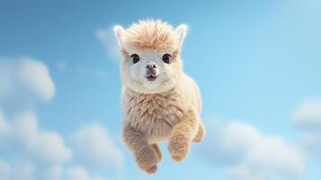 AI generated Flying Alpaca on blue sky background. photo