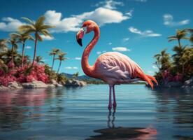 AI generated Pink flamingo standing in the water on a beautiful tropical beach. photo