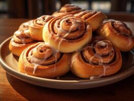 AI generated Freshly baked cinnamon rolls on rustic kitchen photo