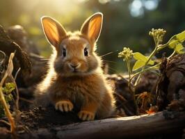 Cute little rabbit sitting in the grass on a sunny day. photo