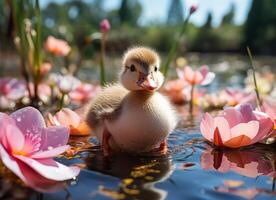 AI generated Little duckling swimming in a lake with pink water lilies. photo