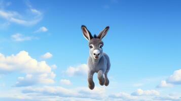 ai generado volador linda pequeño Burro personaje en azul cielo antecedentes. foto