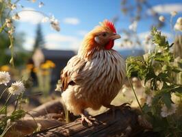 AI generated Chicken in the meadow on a background of wildflowers photo