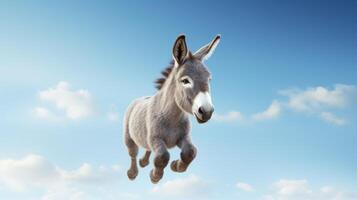 AI generated Flying cute little donkey character on blue sky background. photo