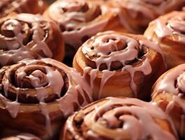 AI generated Freshly baked cinnamon rolls on rustic kitchen photo