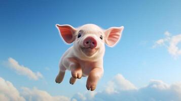 AI generated Flying cute little pig character on blue sky background. photo