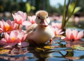 ai generado pequeño anadón nadando en un lago con rosado agua lirios foto