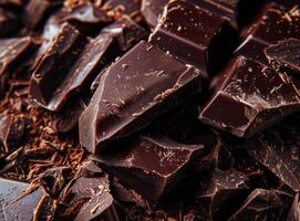 AI generated Pieces of dark chocolate on table closeup Food background photo