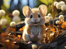 AI generated Little mouse in the autumn forest. photo