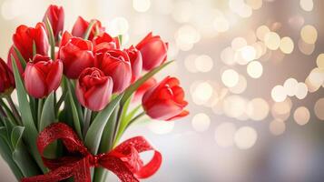 AI Generated Beautiful bouquet of red tulips on bokeh background. Ai generation. photo