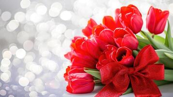 AI Generated Beautiful bouquet of red tulips on bokeh background. Ai generation. photo