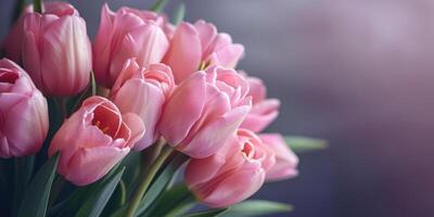 AI Generated Beautiful bouquet of pink tulips on blurred background. Ai generation. photo