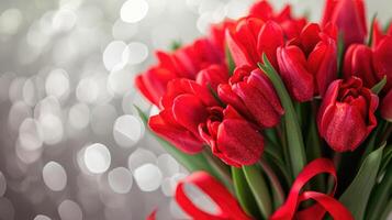 AI Generated Beautiful bouquet of red tulips on bokeh background. Ai generation. photo