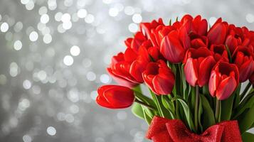 AI Generated Beautiful bouquet of red tulips on bokeh background. Ai generation. photo