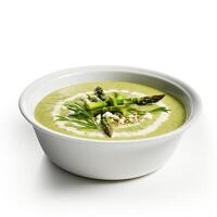 AI generated Asparagus soup closeup isolated on white background photo