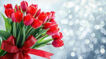 AI Generated Beautiful bouquet of red tulips on bokeh background. Ai generation. photo