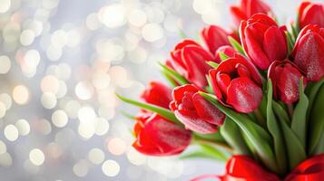 AI Generated Beautiful bouquet of red tulips on bokeh background. Ai generation. photo