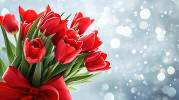 AI Generated Beautiful bouquet of red tulips on bokeh background. Ai generation. photo