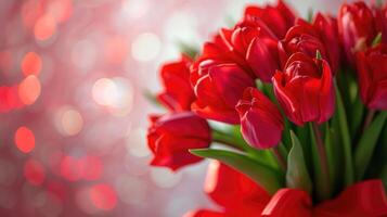 AI Generated Beautiful bouquet of red tulips on bokeh background. Ai generation. photo