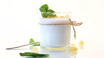 Sweet homemade yogurt with candied fruits in a glass video