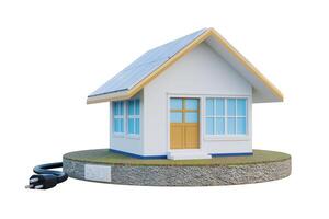 3D rendering of a house with solar photovoltaic panels on the roof. Buildings that use clean energy from the sun modern technology industry - clipping path photo