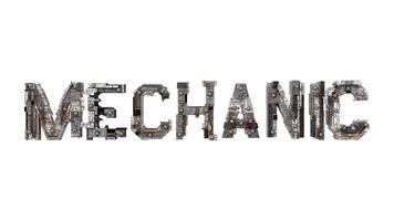 Letters of the word mechanic metallic typography, built with mechanical parts steampunk style isolated on white background photo