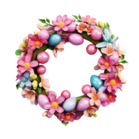 AI generated Colorful easter eggs wreath with spring flowers png