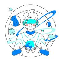 A boy in VR glasses explore space world. Vector illustration for website or ui ux design