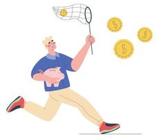 A young man holding a piggy bank in hand and catch coins with a net. Vector flat illustration for website or ui ux design