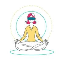 Pink hair girl in VR headset doing yoga or meditation. Virtual Serenity Digital Dream. Modern technology. Futuristic experience. Vector illustration in flat style