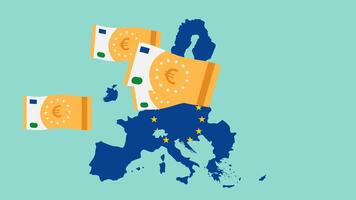 animazione di caduta 50 Euro banconote contro il sfondo di il europeo unione carta geografica video