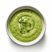 AI generated Asparagus soup closeup isolated on white background photo